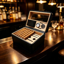 WestWood Black PU Leather Travel Cigar Humidor Box w/ Glass Window WCB01