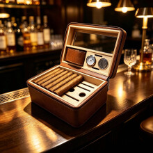 WestWood Brown PU Leather Travel Cigar Humidor Box w/ Glass Window WCB01
