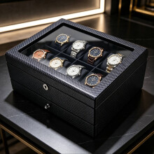 WestWood Black Carbon Fibre Wooden Watch Box Drawer Organiser Key Lock WCB01