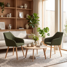 (Olive Green, Set of 2) GOEURVANT Modern Dining Chairs with Armrests, Nordic Fabric Accent Chair with Solid Wood Legs