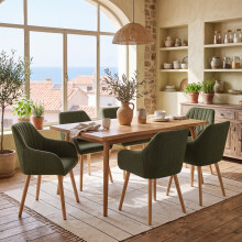 (Olive Green, Set of 6) GOEURVANT Dining Chairs with Armrests, Nordic Fabric Accent Chair with Solid Wood Legs