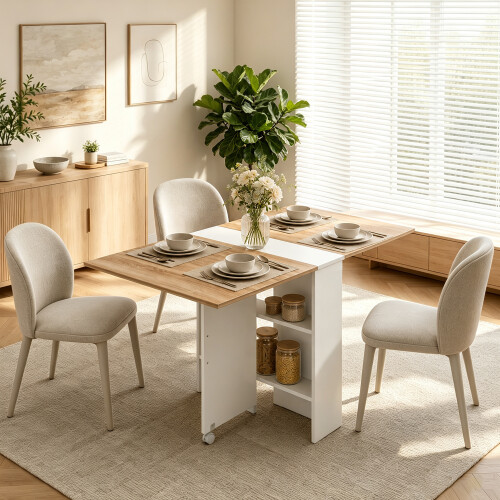 Homcom HOMCOM Rolling Drop Leaf Dining Table, Folding Kitchen Table with Shelves