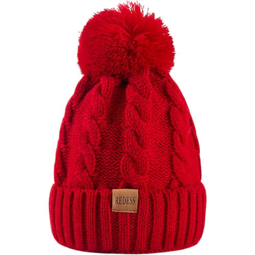Damen Winter Beanie Mütze mit Bommel Warm Dick Gefüttert Rot