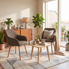 (Mocha Brown, Set of 2) GOEURVANT Dining Chairs with Armrests, Nordic Fabric Accent Chair with Solid Wood Legs