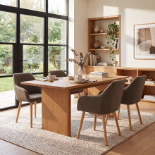 (Mocha Brown, Set of 4) Fabric Dining Chairs with Armrests, Solid Wood Legs - GOEURVANT