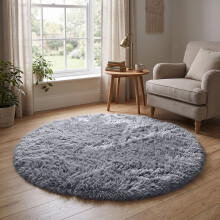 (120cm x 120cm OR 4ft x 4ft- Round Rug, Silver/ Grey- Shaggy Rugs) Modern Living Room Rugs Shaggy Fluffy Bedroom Soft Carpets Runner Indoor Outdoor Rug Floor Mats