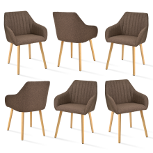 (Mocha Brown, Set of 6) GOEURVANT Dining Chairs with Armrests, Nordic Fabric Accent Chair with Solid Wood Legs