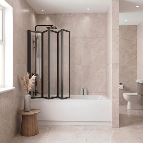 5 Panel 1200 x 1400mm Black Over Bath Glass Shower Screen Folding 2