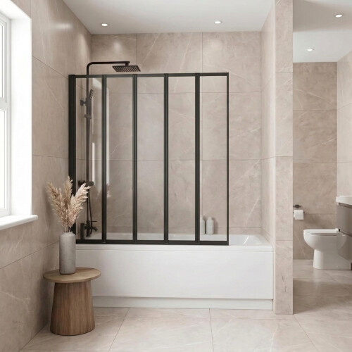 5 Panel 1200 x 1400mm Black Over Bath Glass Shower Screen Folding 1