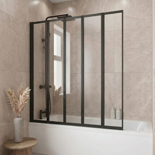 5 Panel 1200 x 1400mm Black Over Bath Glass Shower Screen Folding