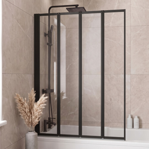 4 Panel 1000 x 1400mm Black Over Bath Glass Shower Screen Folding