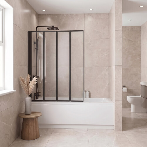 4 Panel 1000 x 1400mm Black Over Bath Glass Shower Screen Folding 1