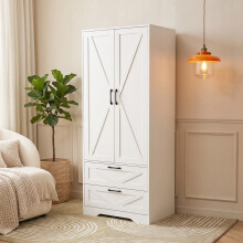 Modern Farmhouse 2-Door White Wardrobe, Barn-Style X Panel Closet Armoire with 2 Storage Drawers & Hanging Rail, 68x48x166cm