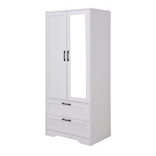 2-Door Wardrobe with Mirror & Drawers, White, 70x48x166cm, Hanging Rod, Closet Cabinet for Bedroom