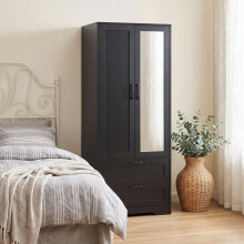 2-Door Wardrobe with Mirror & Drawers, Black, 70x48x166cm, Hanging Rod, Closet Cabinet for Bedroom