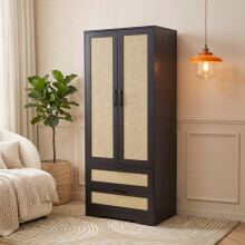 Modern Boho 2-Door Black Wardrobe with Rattan Style Panel, Tall Bedroom Armoire Closet with 2 Storage Drawers & Hanging Rail, 70x48x166cm