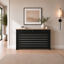 Radiator Cover Black Painted MDF Cabinet Horizontal Slat Storage Drawers & Shelf Large (H: 96cm / W: 150cm / D: 19cm)