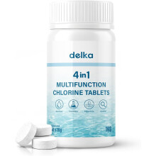 delka Chlorine Tablets 1kg, 4 in 1 Multifunction Pool and Hot Tub Tablets, Slow Release Sanitiser, Stabiliser, Algaecide and Clarifier, 50 x 20g