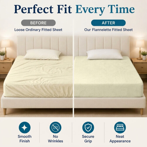 ( Cream, Single) Thermal Flannelette Fitted Sheet 25cm 100% Brushed Soft Cotton 2