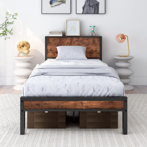 DUMEE Single Bed Frames with Wooden Storage Headboard, No Box Spring Needed