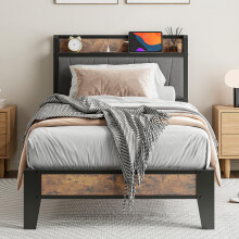 IRONCK Single Bed Frame with Storage Shelf Upholstered Headboard, Platform Bed Frame with Charging Station, Metal Bed Frame/UnderBed Storage, Enhanced