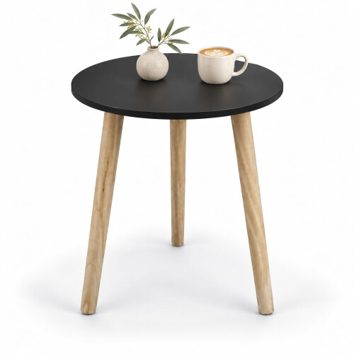 (Black) 40cm Round Side Table 50cm Tall 3 Wooden Legs