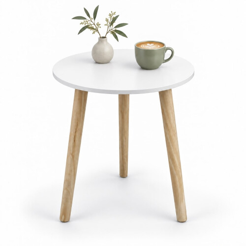 (White) 40cm Round Side Table 50cm Tall 3 Wooden Legs
