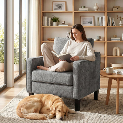 (Dark Grey)Modern Armchair with High Back,Cushion 2