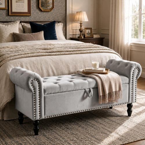 (Light grey) TLGREEN Ottoman Storage Padded Bench 2