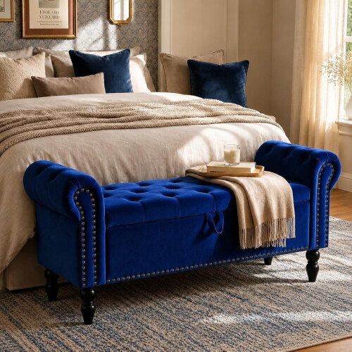 (Blue) TLGREEN Ottoman Storage Padded Bench 2