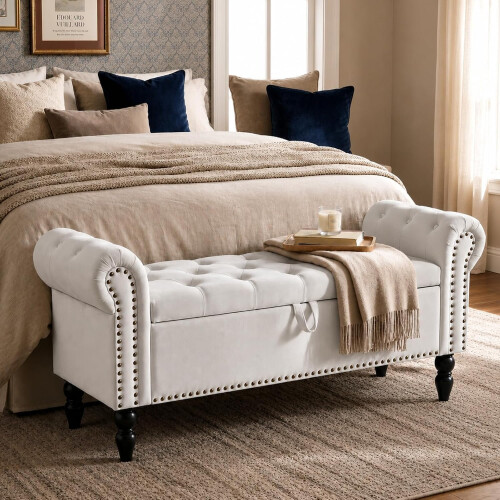 (White) TLGREEN Ottoman Storage Padded Bench 2
