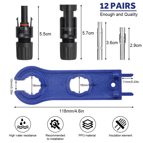 URAQT Solar Connector, 12 Pair Male/Female Solar Plug, IP67 1