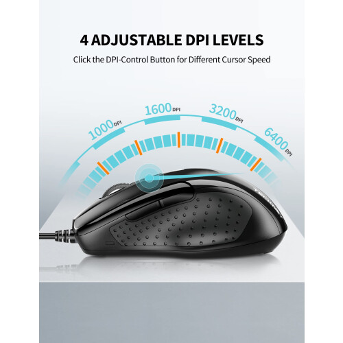 TeckNet TECKNET USB Wired Mouse, 6400 DPI Mice 4 Adjustable DPI with 6-Button Corded, Optical Computer Mouse with Ergonomic Design for Laptop, Chromebook, PC, 1