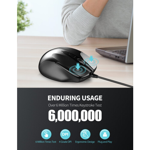 TeckNet TECKNET USB Wired Mouse, 6400 DPI Mice 4 Adjustable DPI with 6-Button Corded, Optical Computer Mouse with Ergonomic Design for Laptop, Chromebook, PC, 2