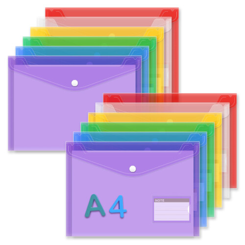 12Pack A4+ Plastic Wallets, A4 Documents Popper Wallet File Folders with Pockets