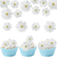 ALLAVA 65 Pcs Daisy Cupcake Toppers, Edible Flowers for Cakes, White Daisy Cupcake Decorations, Edible Flowers Cake Decorations 2 Size, Wafer Paper C