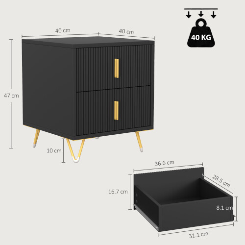 Homcom HOMCOM Bedside Table, Modern Nightstand with Hairpin Legs, Black 2