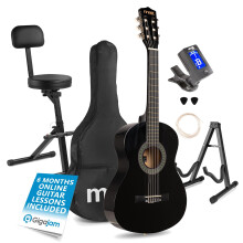 Max SoloArt Junior 3/4 Classical Acoustic Guitar Starter Kit in Black with Folding Musician Stool & Guitar Stand - Ideal for Children & Beginners aged