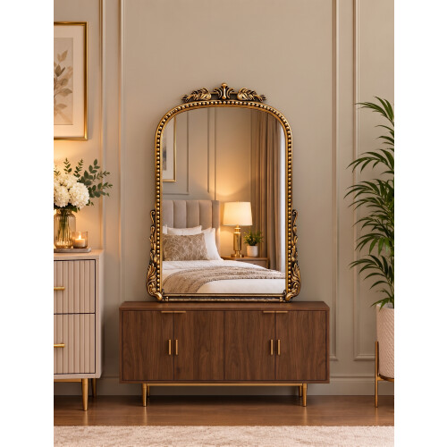 Arc Ornate Beaded Plastic Mirror BlackGold 66x47Cm 2