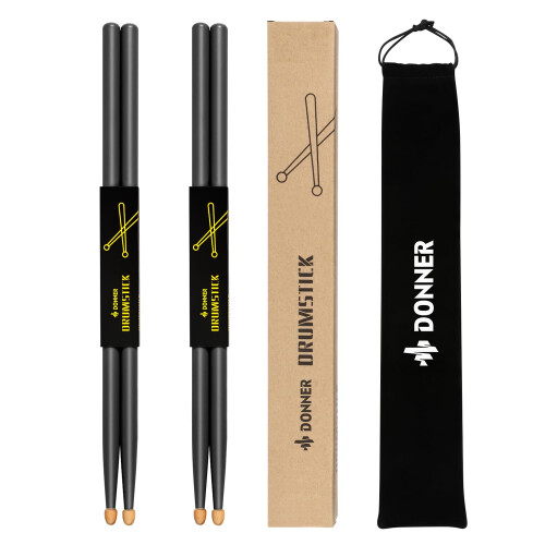 Donner 5A Drum Sticks Maple Wood Drumsticks 2 Pair with Carrying Bag-Black 1