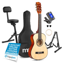 Max SoloArt Junior 1/4 Size Beginner Acoustic Guitar Natural with Folding Musician Stool, Guitar Stand & Accessories – Kids Starter Musical Instrume