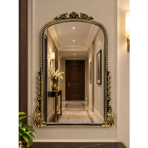 Arc Ornate Beaded Plastic Mirror BlackGold 66x47Cm
