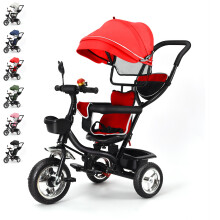 Tricycle bébé évolutif 1 à 5 ans, siège réversible, panier et sac, roues en caoutchouc, Rouge