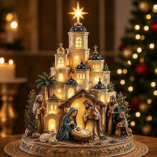 Torre luminosa per chiesa natalizia, scena festiva dettagliata da tavolo, decorazione classica per la casa, 1 pezzo