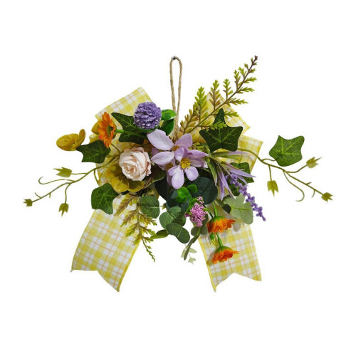 Artificial Violet Wreath - Small Wall Hanging - with Yellow Bow for Door Window 25cm