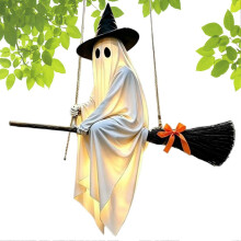 Fantasma colgante luminoso con control remoto para decoración de Halloween, ideal para patios, porches y casas encantadas.
