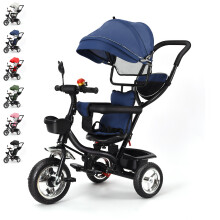 Tricycle évolutif pour bébé de 1 à 5 ans, siège réversible, panier et sac, Bleu foncé