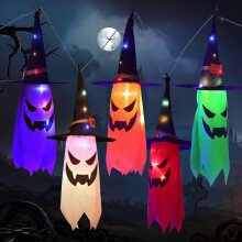 5 - Piece Lighted Hanging Ghosts Witch Hats Scary Halloween Battery - Operated String Lights