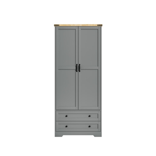 (Grey) 2 Door 2 Drawer Wardrobe w/ Oak Top