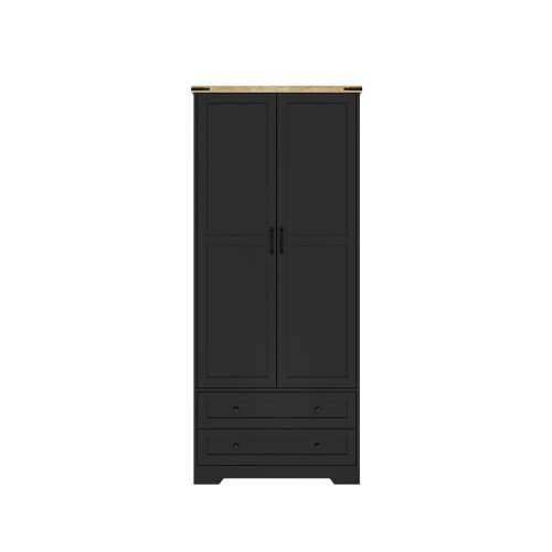 (Black) 2 Door 2 Drawer Wardrobe w/ Oak Top